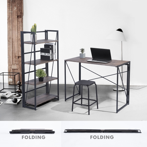 Industrial Wood&Metal Foldable Writing Desk and Bookshelf Laptop Table Home Office Furniture
