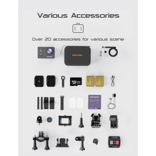 4K WiFi Action Camera with 64GB Memory Card Waterproof Underwater 40M Sport 2.0" LCD 170 ° Wide-Angle 2.4G Remote Control 2X1050mAh Batteries and