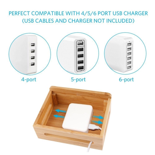 Bamboo Charging Station Dock for 4/5 / 6 Ports USB Charger with 5 Charging  Cables Included, Desktop Docking Station Organizer for Cellphone,Smart