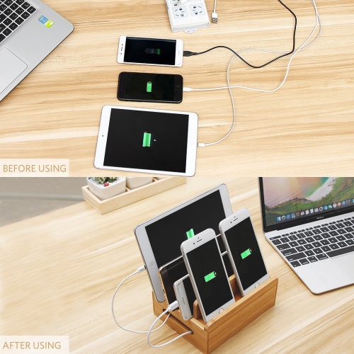 Bamboo Multi-Device Charging Dock Cord Stand Holder for Smart Phones, iPad, iPhone, Tablets and Other Electronic Gadgets