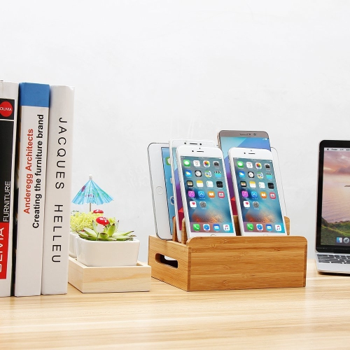 Bamboo Multi-Device Charging Dock Cord Stand Holder for Smart Phones, iPad, iPhone, Tablets and Other Electronic Gadgets