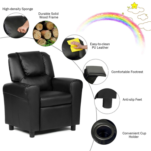 Costway PU Leather Kids Sofa Seat Chair Recliner Armchair Couch w/ Cup Holder Black