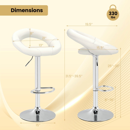 Costway Set Of 2 Bar Stools Adjustable PU Leather Barstools Swivel Pub Chairs White