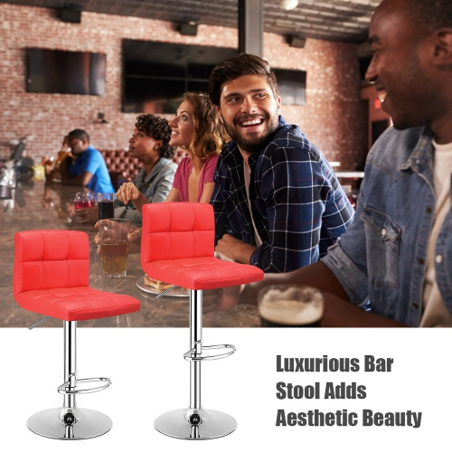Costway Set of 2 Bar Stools Adjustable Swivel Kitchen Counter Bar Chair PU Leather Red