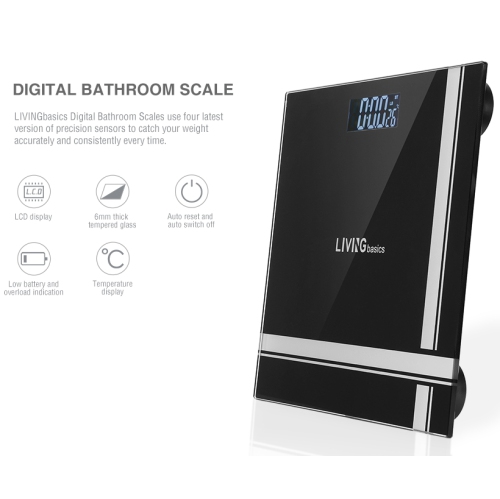 Bathroom Bath Scale, Digital Body Weight Glass Scale with Smart Step-on Technology and Temperature Display 396lb Capacity