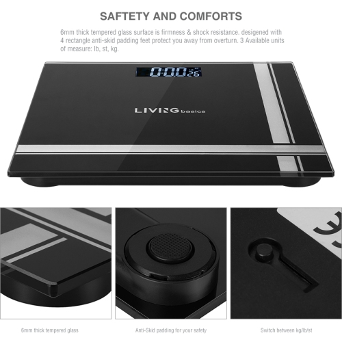 Bathroom Bath Scale, Digital Body Weight Glass Scale with Smart Step-on Technology and Temperature Display 396lb Capacity