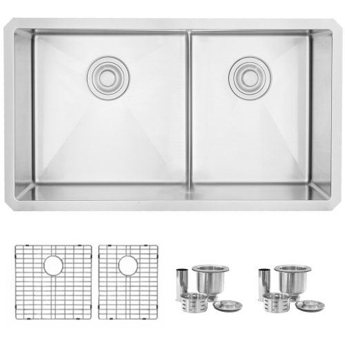 32 inches Double Bowl Slim Low Divider Kitchen Sink, 16G Stainless Steel with Grids and Basket Strainers