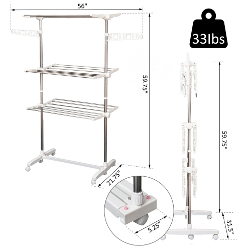 HOMCOM Foldable 3 Tier Clothes Drying Rack Stainless Steel