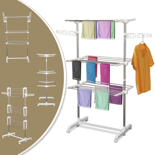 HOMCOM Foldable 3 Tier Clothes Drying Rack Stainless Steel