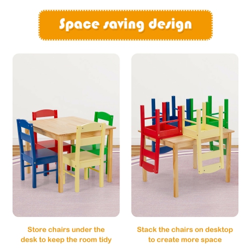 Costway Kids 5 Piece Table Chair Set Pine Wood Multicolor Children Play Room Furniture