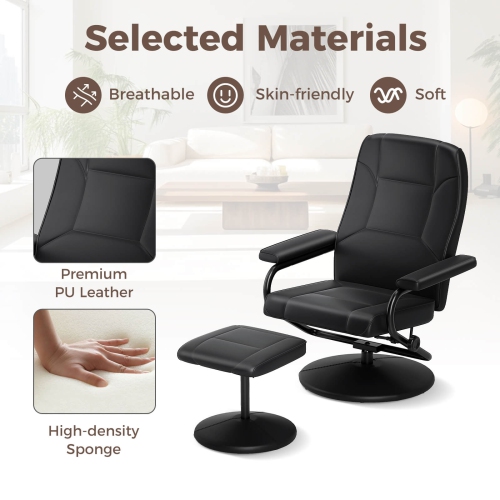 Fauteuil inclinable avec pouf chaise longue d'appoint à accoudoirs rembourrés et repose-pieds noir de Costway