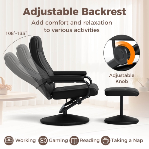 Fauteuil inclinable avec pouf chaise longue d'appoint à accoudoirs rembourrés et repose-pieds noir de Costway