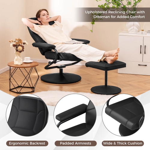 Fauteuil inclinable avec pouf chaise longue d'appoint à accoudoirs rembourrés et repose-pieds noir de Costway