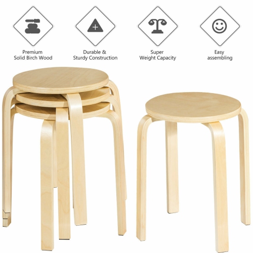 Costway Set of 4 18" Stacking Stool Round Dining Chair Backless Wood Home Decor