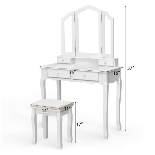 Costway Makeup Vanity Set Dressing Table Tri Folding Mirror w/ Stool White