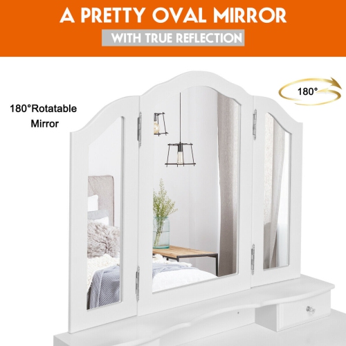 Costway Makeup Vanity Set Dressing Table Tri Folding Mirror w/ Stool White