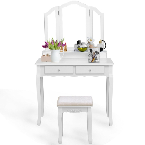 Costway Makeup Vanity Set Dressing Table Tri Folding Mirror w/ Stool White