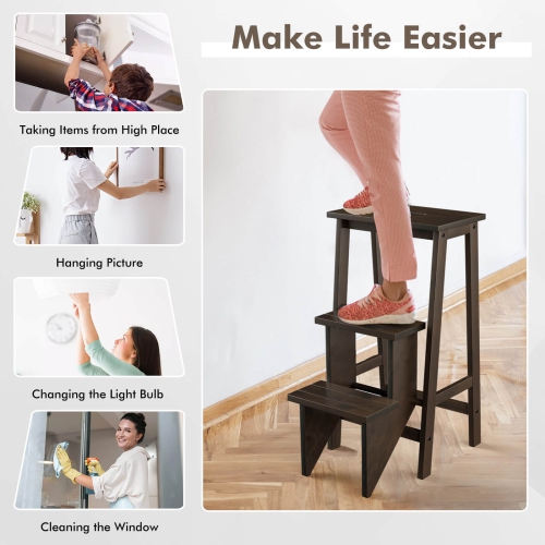 Costway 3 Tier Step Stool 3 in 1 Folding Ladder Bench Storage Shelf Multi-function Coffe