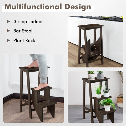 Costway 3 Tier Step Stool 3 in 1 Folding Ladder Bench Storage Shelf Multi-function Coffe