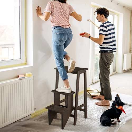 Costway 3 Tier Step Stool 3 in 1 Folding Ladder Bench Storage Shelf Multi-function Coffe