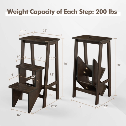 Costway 3 Tier Step Stool 3 in 1 Folding Ladder Bench Storage Shelf Multi-function Coffe