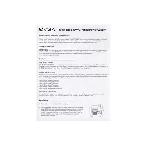 EVGA 100-W1-0500-KR 500 W1, 80+ WHITE 500W, 3 Year Warranty, Power Supply 100-W1-0500-KR