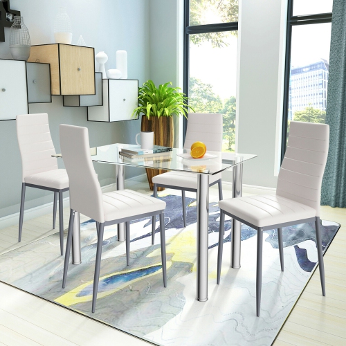 Costway 5pcs Dining Set Table & 4 Chairs Glass Metal Kitchen Breakfast Furniture