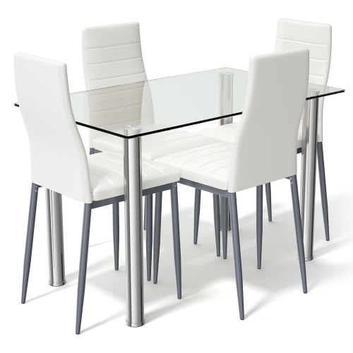 Costway 5pcs Dining Set Table & 4 Chairs Glass Metal Kitchen Breakfast Furniture