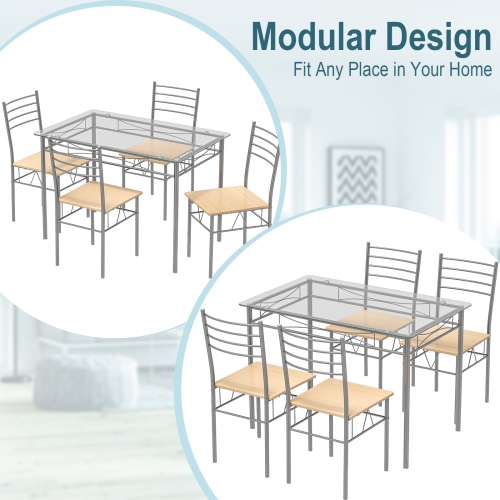 Costway 5 Piece Dining Set Table And 4 Chairs Glass Top Kitchen Breakfast Furniture