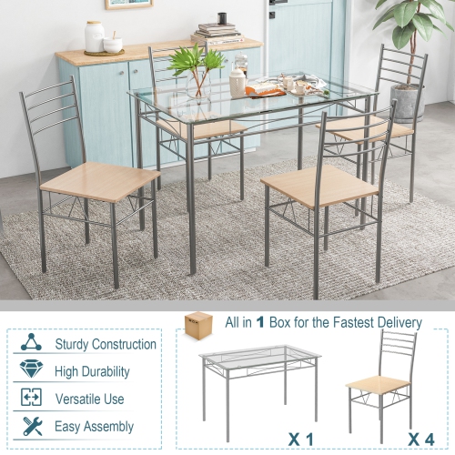Costway 5 Piece Dining Set Table And 4 Chairs Glass Top Kitchen Breakfast Furniture