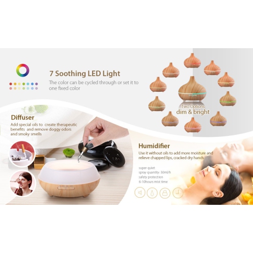 Diffuseur d’huiles essentielles arôme brun foncé, humidificateur ultrasonique à vapeur froide de 300 ml avec lumières à DEL changeant de couleur