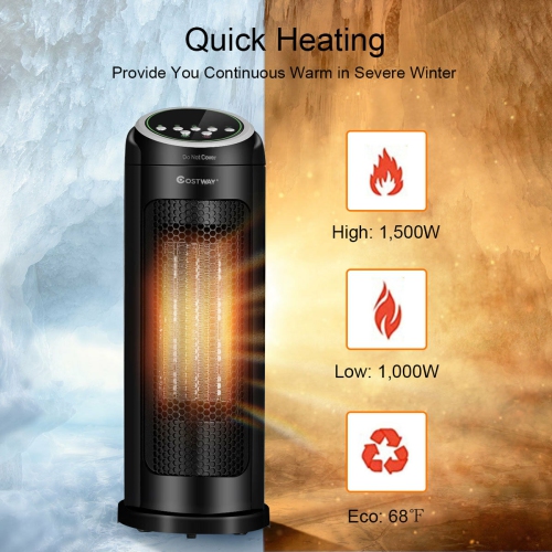 Costway Portable Oscillating PTC Ceramic Space Heater 1500W LED 12H Timer Remote Control