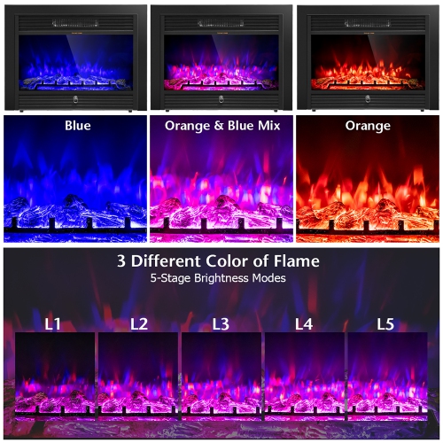 Costway 28.5" Fireplace Electric Embedded Insert Heater Glass Log Flame Remote