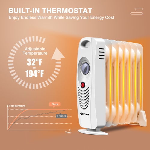 Costway 700 W Portable Mini Electric Oil Filled Radiator Heater 7-Fin Thermostat Home