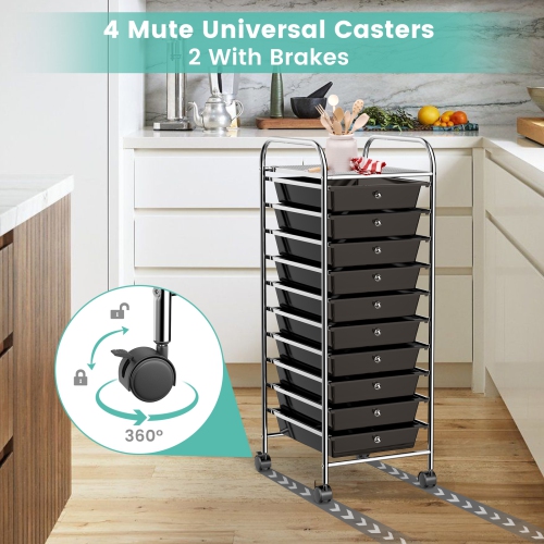 Tour de Rangement 32,5x37x 86CM avec 4 Roulettes Comprend 10 Tiroirs en PP et Fer Tiroir Génial en