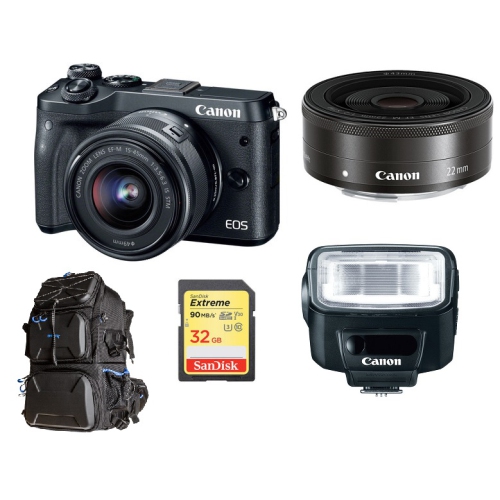 Canon M6 with 15-45mm and Canon EF-M 22mm with Canon 270EX II Flash Bundle International Version w/Seller Provided Warranty