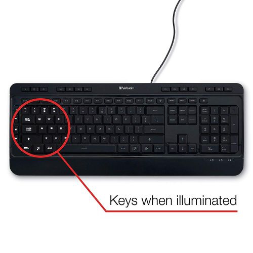 Verbatim Illuminated Wired Keyboard, Black, 19.10in. x 8.10in. x 1.20in.