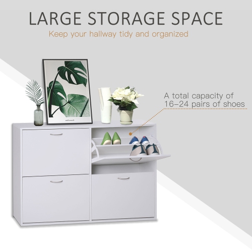 HOMCOM Shoe Cabinet for Entryway Hallway, Shoe Storage Cabinet with 4 Flip Drawers and Adjustable Shelves for 24 Pairs of Shoes, White