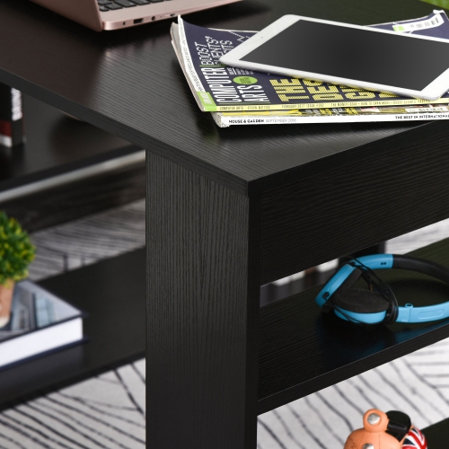 HOMCOM 47" L Shaped Desk, 360° Rotating Corner Desk, Reversible Computer Writing Table Workstation with Storage Shelf for Home Office, Black