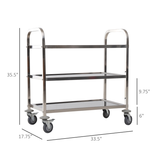 HOMCOM 36" 3-Tier Kitchen Trolley Medical Treatment Laboratory Equipment Carts, Stainless Steel Rolling Kitchen Island, Wheeled Storage Utility