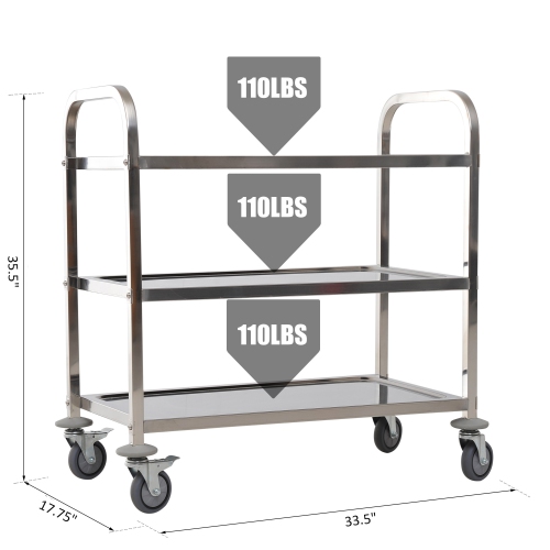 HOMCOM 36" 3-Tier Kitchen Trolley Medical Treatment Laboratory Equipment Carts, Stainless Steel Rolling Kitchen Island, Wheeled Storage Utility
