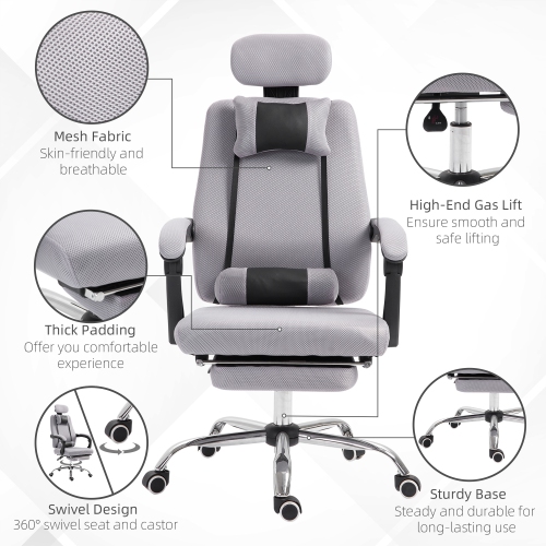 Vinsetto Executive Office Chair, Ergonomic Swivel Mesh High Back Desk Chair with Rotatable Headrest and Armrest, Adjustable Lumbar Support, Grey