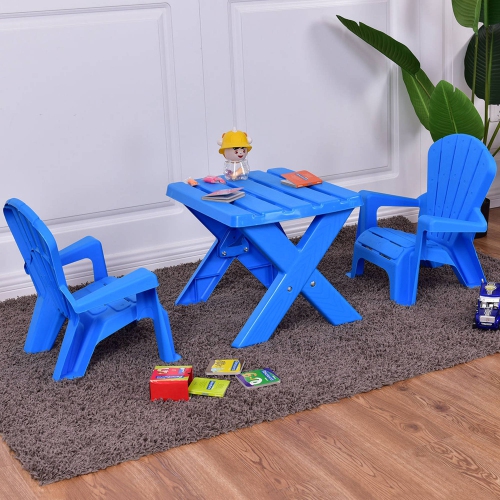 Costway Plastic Children Kids Table & Chair Set 3pcs Play Furniture Outdoor Blue