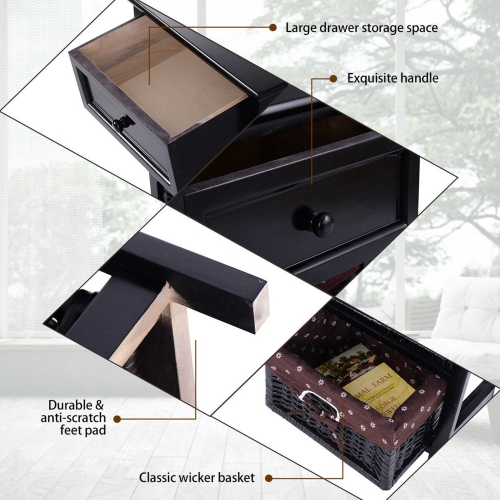 Costway Night Stand 3 Tiers Bedside End Table Organizer W/ Drawer Baskets