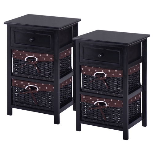 COSTWAY  Set Of 2 Nightstand 3 Tier 1 Drawer Basket End Table Organizer Wood