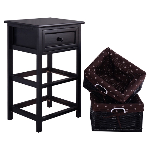 Costway Set of 2 Nightstand 3 Tier 1 Drawer Basket End Table Organizer Wood