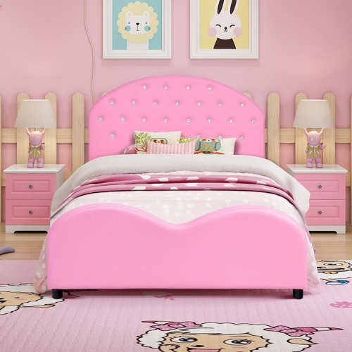 Costway Kids Children PU Upholstered Platform Wooden Princess Bed Bedroom Furniture Pink