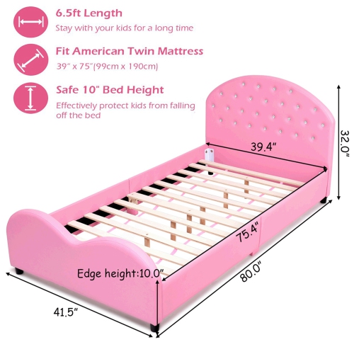 Costway Kids Children PU Upholstered Platform Wooden Princess Bed Bedroom Furniture Pink