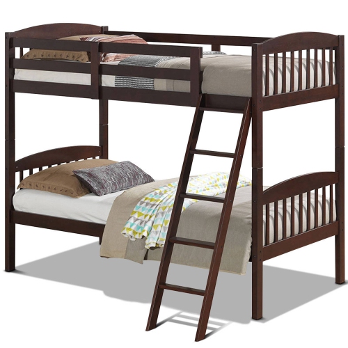 Costway Wood Solid Hardwood Twin Bunk Beds Detachable Kids Ladder Safety Rail