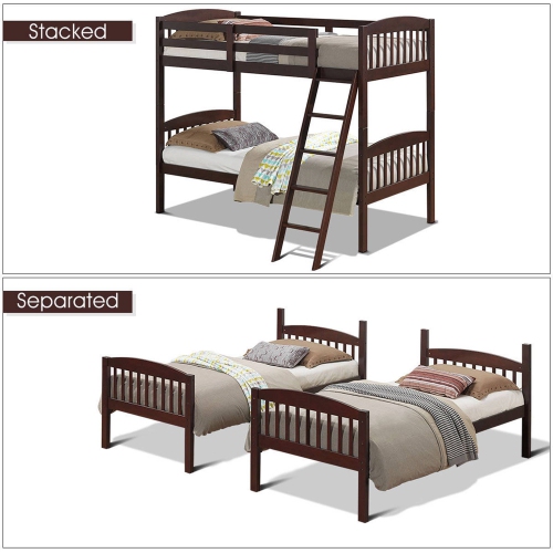 Costway Wood Solid Hardwood Twin Bunk Beds Detachable Kids Ladder Safety Rail